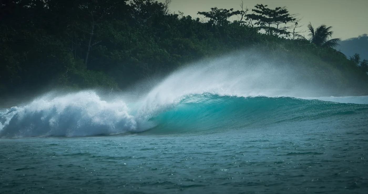 An empty turquoise wave breaking beside a forested Mentawai island