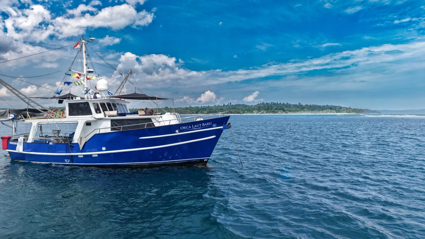 The blue-and-white Orca Laut anchored in Indonesian island waters
